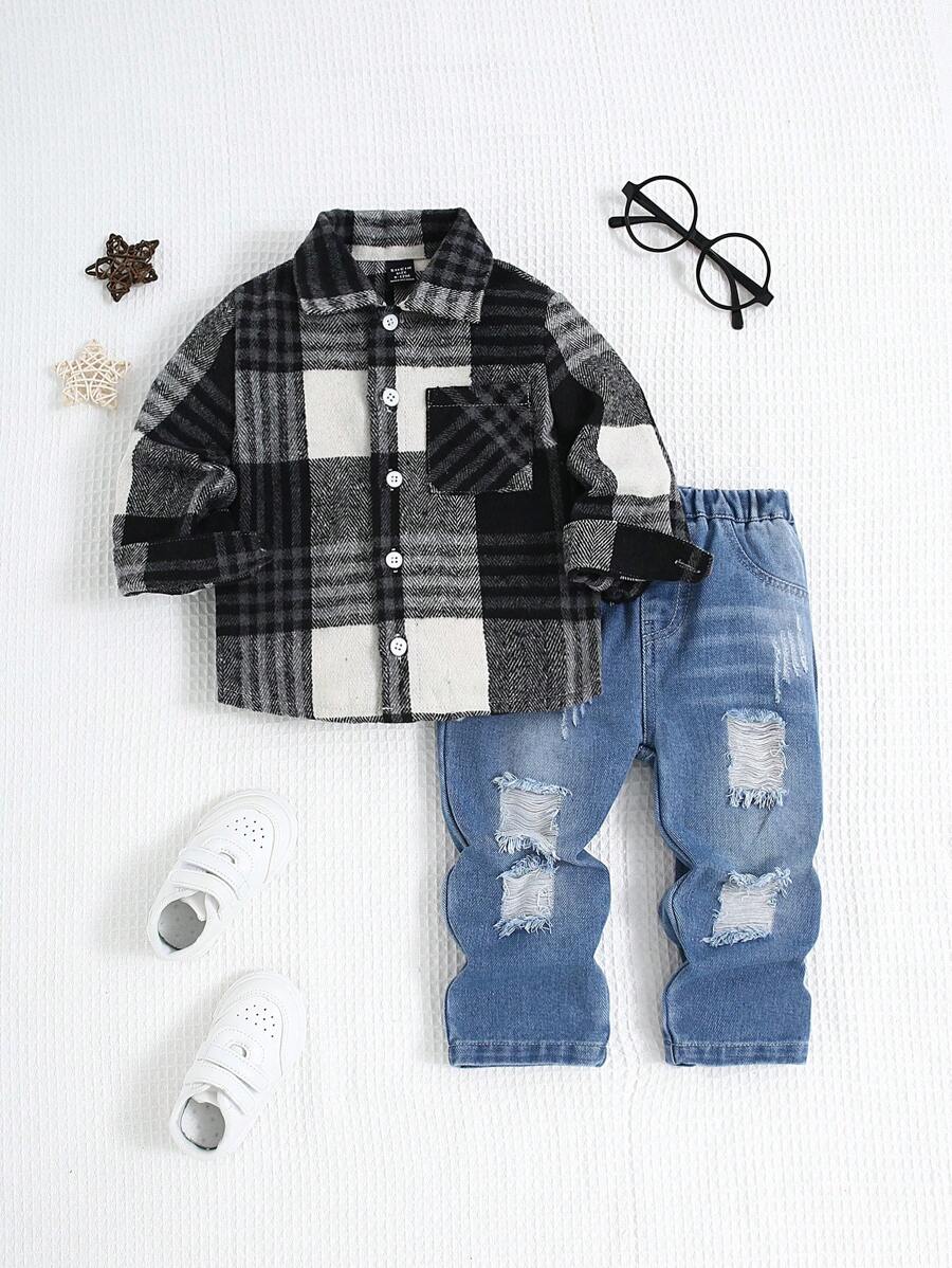 Infant Boys 2pcs/Set Casual Loose Plaid Shirt & Loose Ripped Tapered Jeans Pants, Simple Fashion Versatile Design For Daily Wear