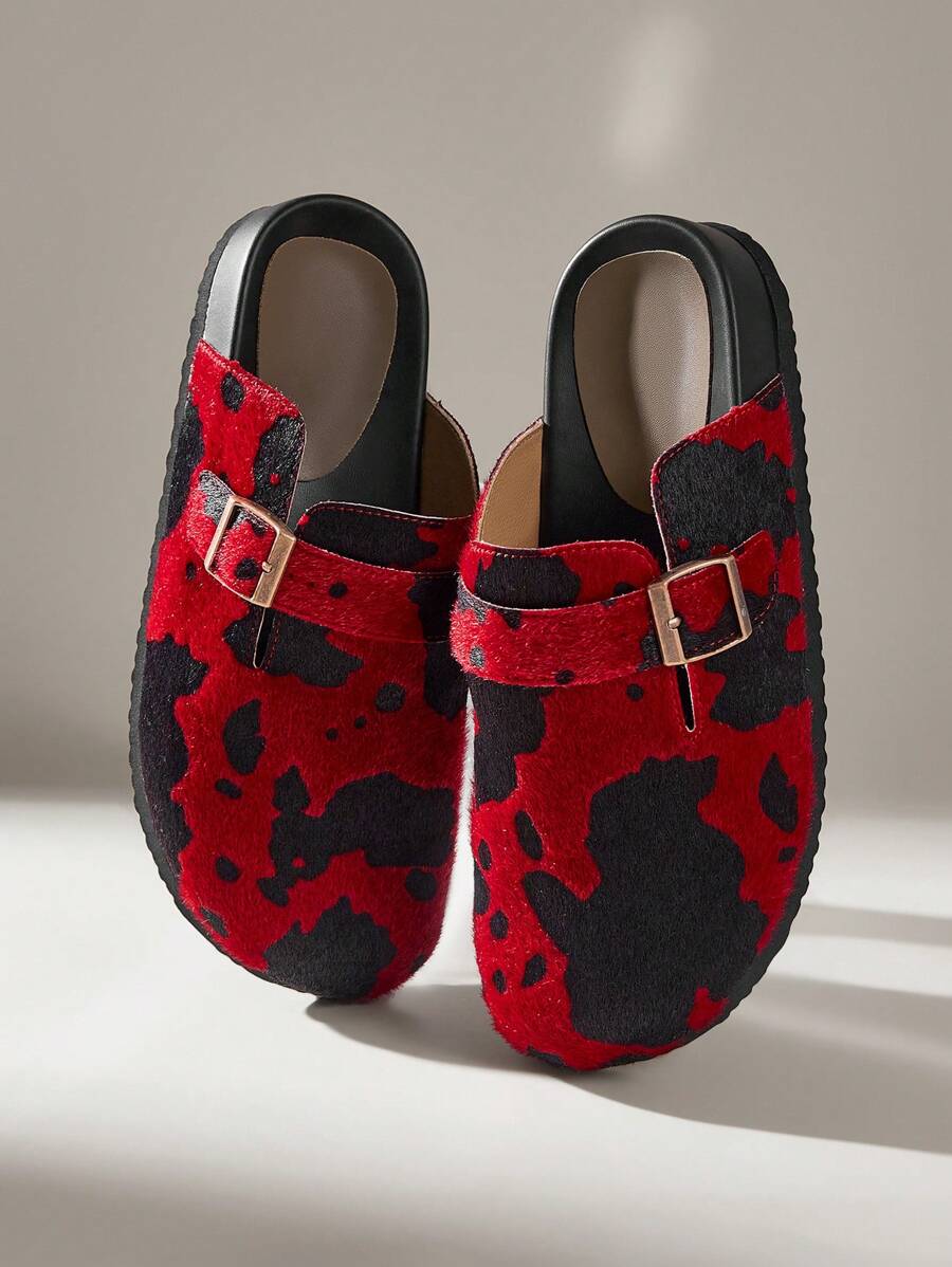 Solecia Mocasines planos casuales de mujer con diseño de hebilla y estampado de vaca