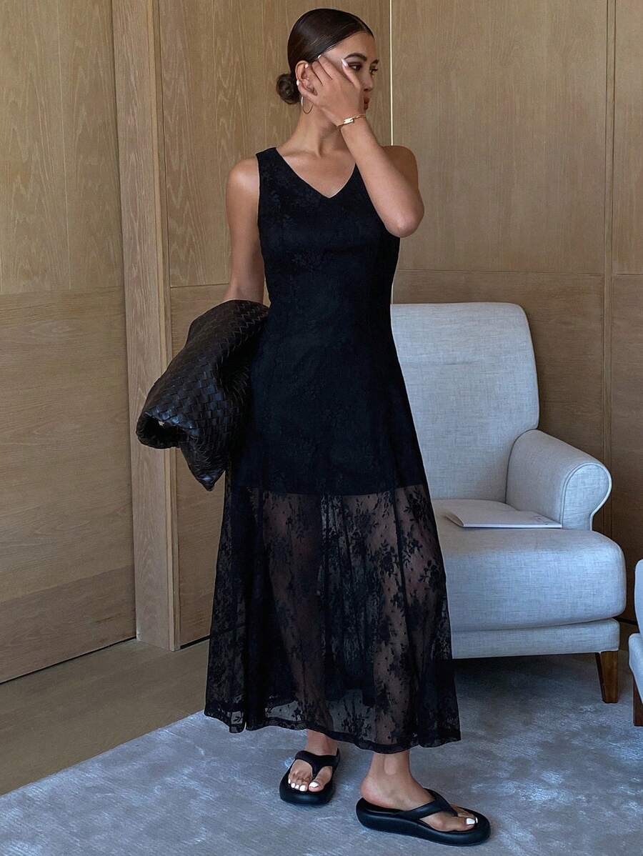 DAZY Sexy Elegant Contrast Lace Sleeveless Dress For Women, Summer