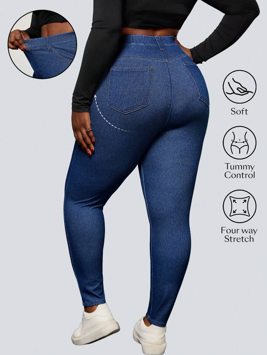 Flexra Pantalones informales de mezclilla elástica de punto talla grande con elástico