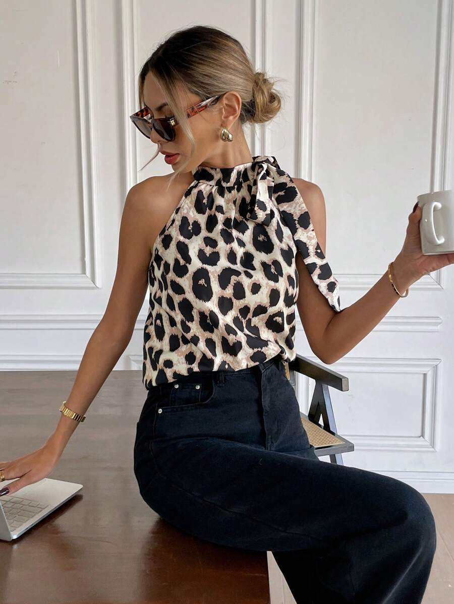 SHEIN Frenchy Chemise sans manches imprimé léopard pour femmes, décontractée et pour le port quotidien