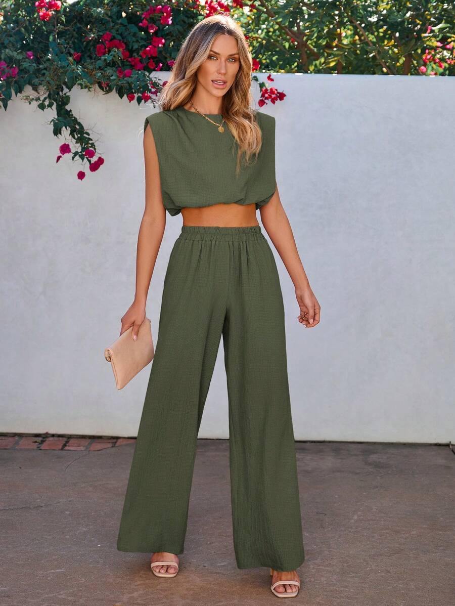 Vivid Eden Women's Solid Color Round Neck Top And Long Pants Two-Piece Set For Vacation