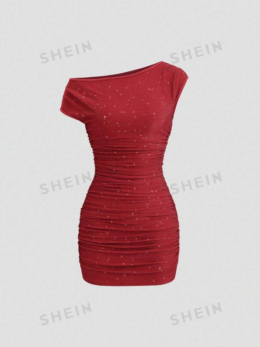 Sweetra Vestido de fiesta de un hombro sin espalda entallado para mujer, vestido mini sexy de un hombro rojo asimétrico y fruncido de lujo