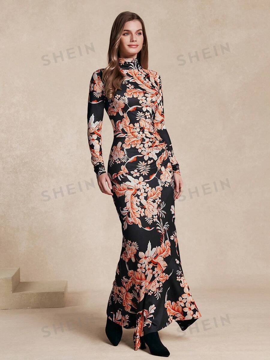 Almamuse Vestido de mujer ajustado con cuello de tortuga y estampado floral