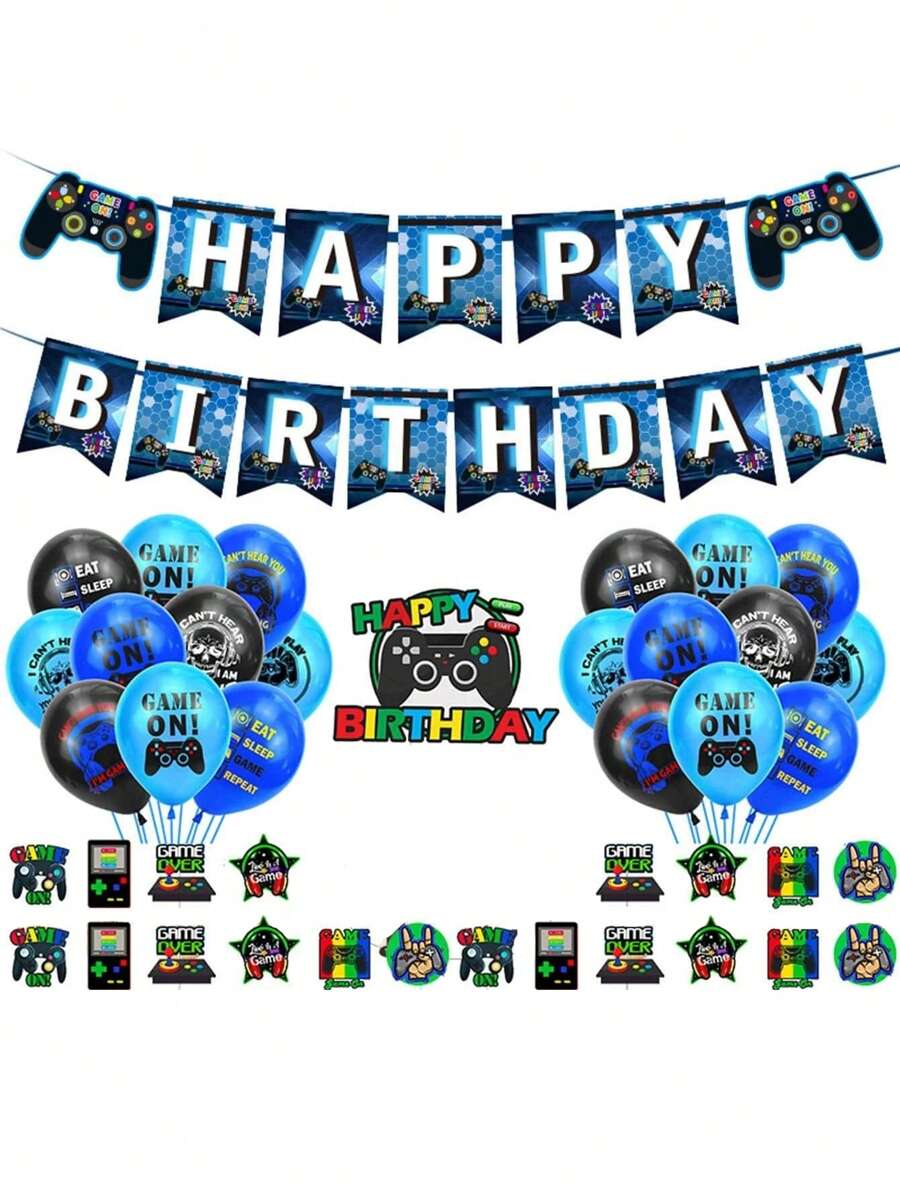 Gaming Theme Party Decoration Set With Game Controller Banner, Balloons, Cake Toppers, Home Decorations For Birthday Party Valentine's Day, Valentines Wedding, Birthday