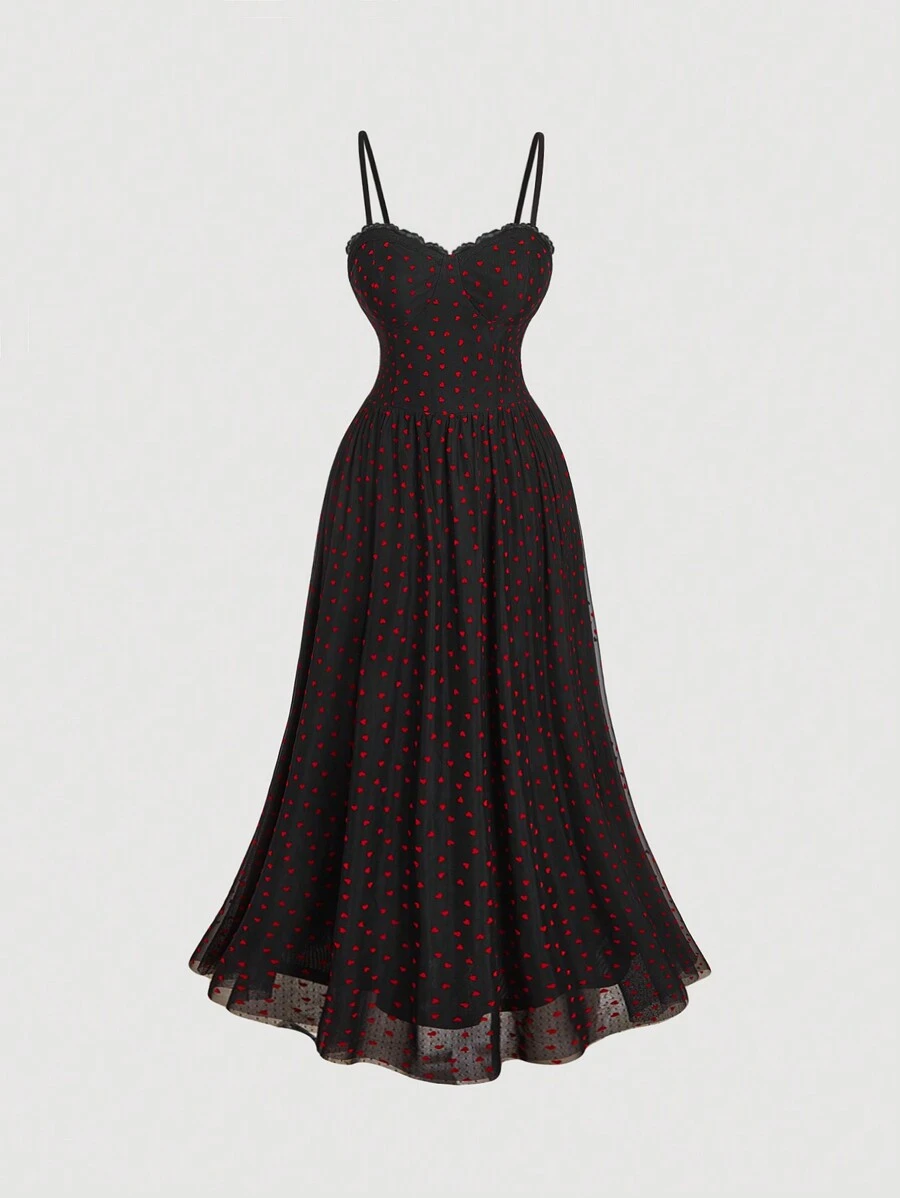 SHEIN MOD Plus Size Heart Flocked Romantic Valentine's Day Dress, Black Daily Date Dress