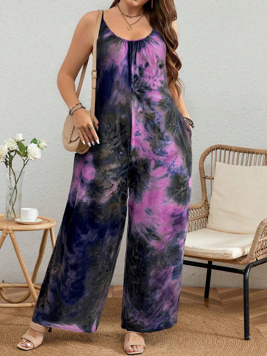 SHEIN LUNE Combinaison ample décontractée avec imprimé tie-dye et poches, sans manches pour l'été, grande taille
