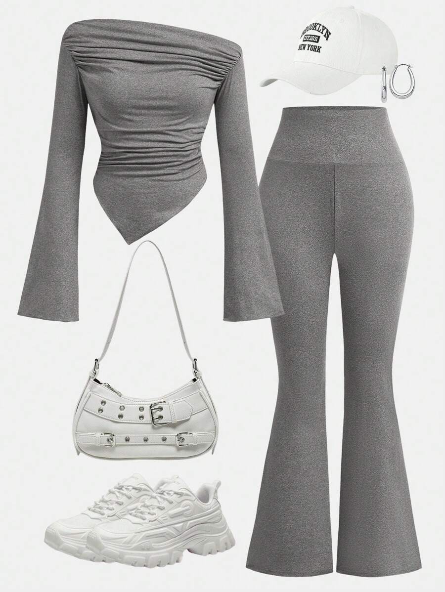 Girlism Teenager Mädchen 2-teiliges Set aus Lässig Plissee Langarm Trikot Top und Schlaghose für Zuhause und draußen, Reise Outfit Flughafen