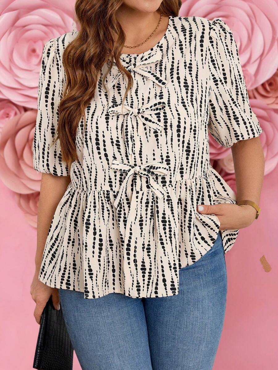 SHEIN LUNE Plus Size Casual Short Sleeve Allover Print Tie Front Shirt Holiday Thanksgiving Women New Years Women Vacation Valentine's Day Blouse, For Summer