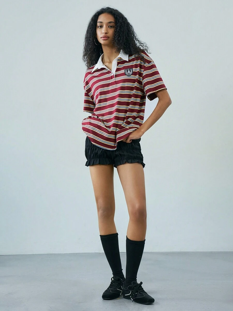 Easelle Casual College Style Contrast Color Stripe & Badge Decorated Short Sleeve Shirt