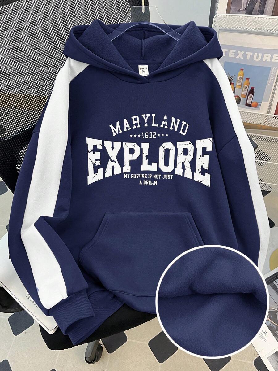 Tienermeisjes Vintage Amerikaanse Casual Oversized Hooded Sweatshirt, Colorblock Letter Grafische Pullover Hoodie Voor Sport, School, Retro/Oversized Stijl