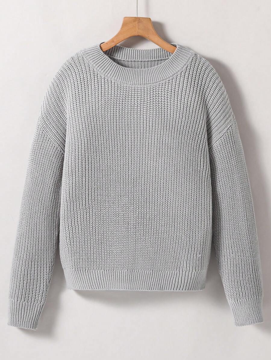 SHEIN Tween Girls Solid Color Round Neck Drop Shoulder Long Sleeve Sweater, Autumn/Winter