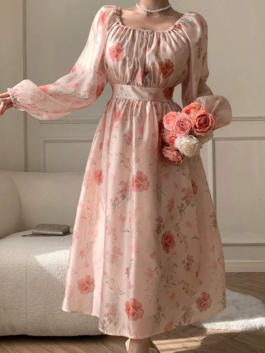 DAZY Vestido floral de gasa con escote cuadrado, mangas farol, cintura recogida y fluido para vacaciones de verano