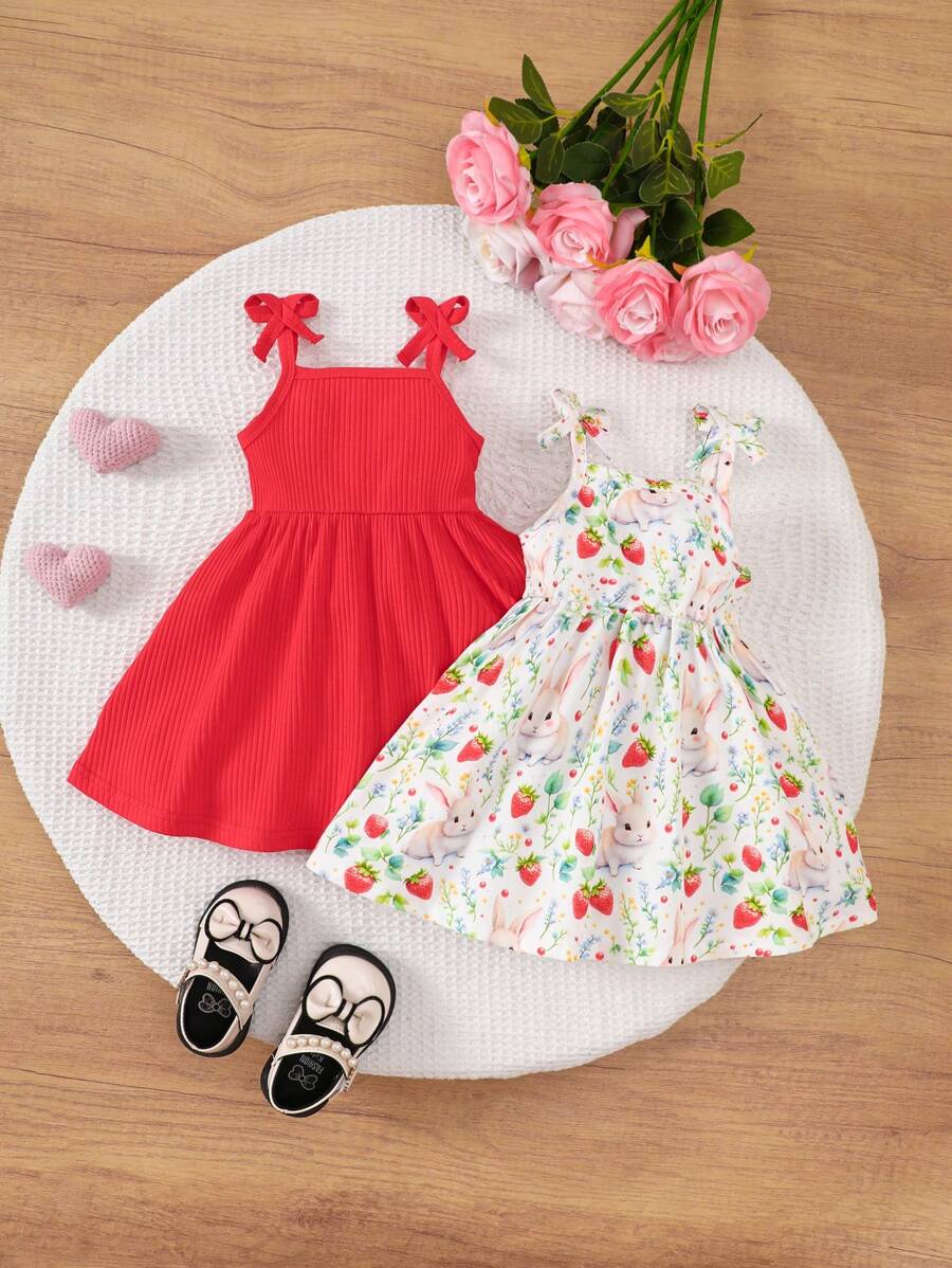 SHEIN 2pcs/Set Baby Girl Casual All-Match Versatile Cute Watercolor Rabbit & Strawberry Print Sleeveless Dress, Suitable For Valentine's Day, Easter, Festivals, Birthday Photo Shoot, Outdoor Activities, Leisure, Vacation, Spring/Summer Clothes
