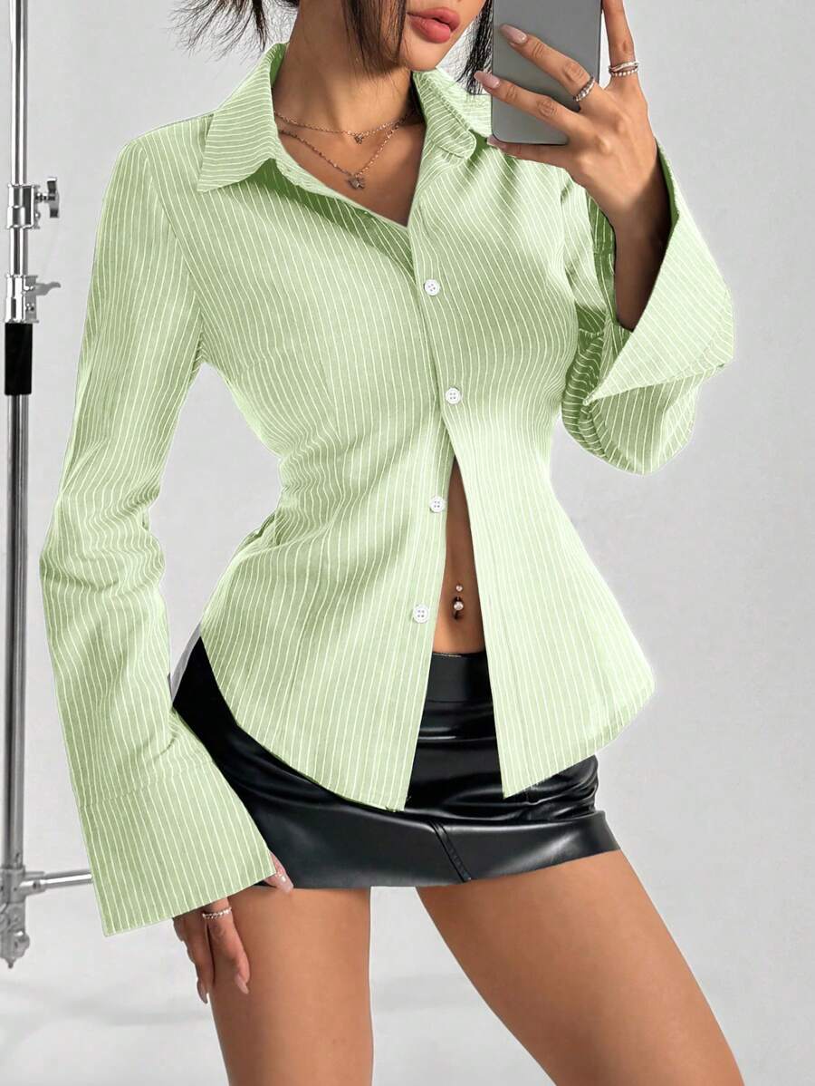 Flirla Striped Bell Sleeve Waist Cinching Casual Office Shirt