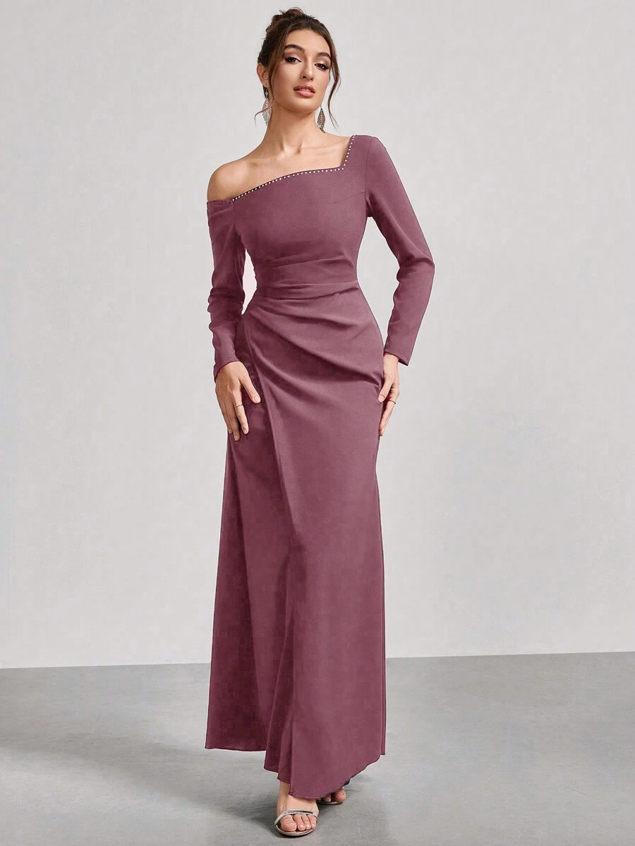 Coutiva 1 stuk dames asymmetrische hals lange mouwen gerimpelde lange feestjurk, mode banket feest oudejaarsavond festival socialite elegante jurk, bruiloft gast jurk, formele jurk, avondjurk