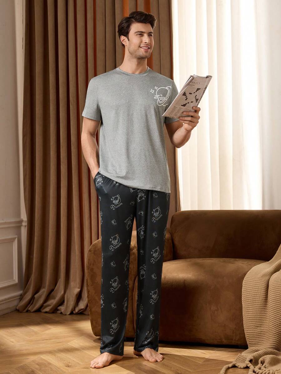 2pcs/Set Men Star Print Crew Neck Short Sleeve T-Shirt And Pants Pajamas Set
