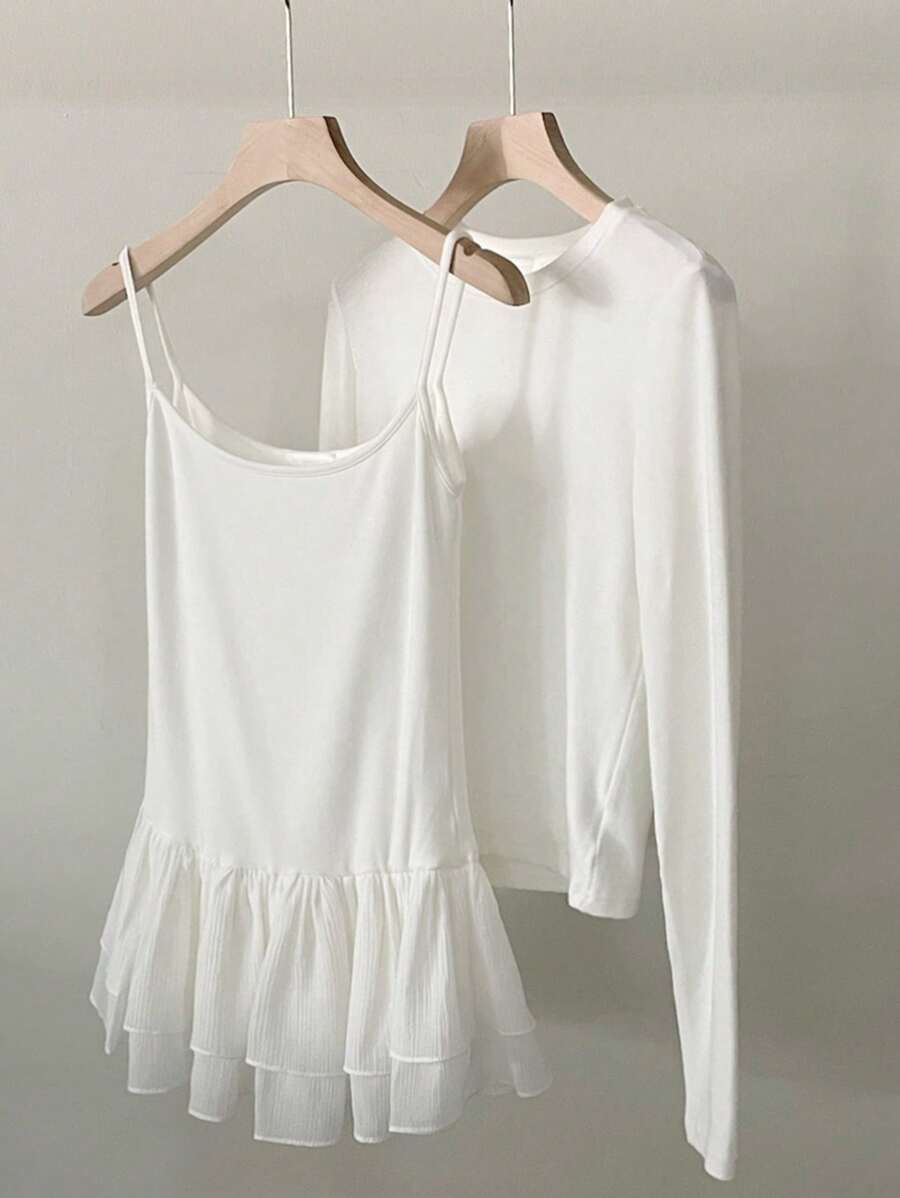 DAZY 2pcs Women's Solid Color Long Sleeve Base Layer T-Shirt & Chiffon Jumper Dress Set, White, Spring/Summer