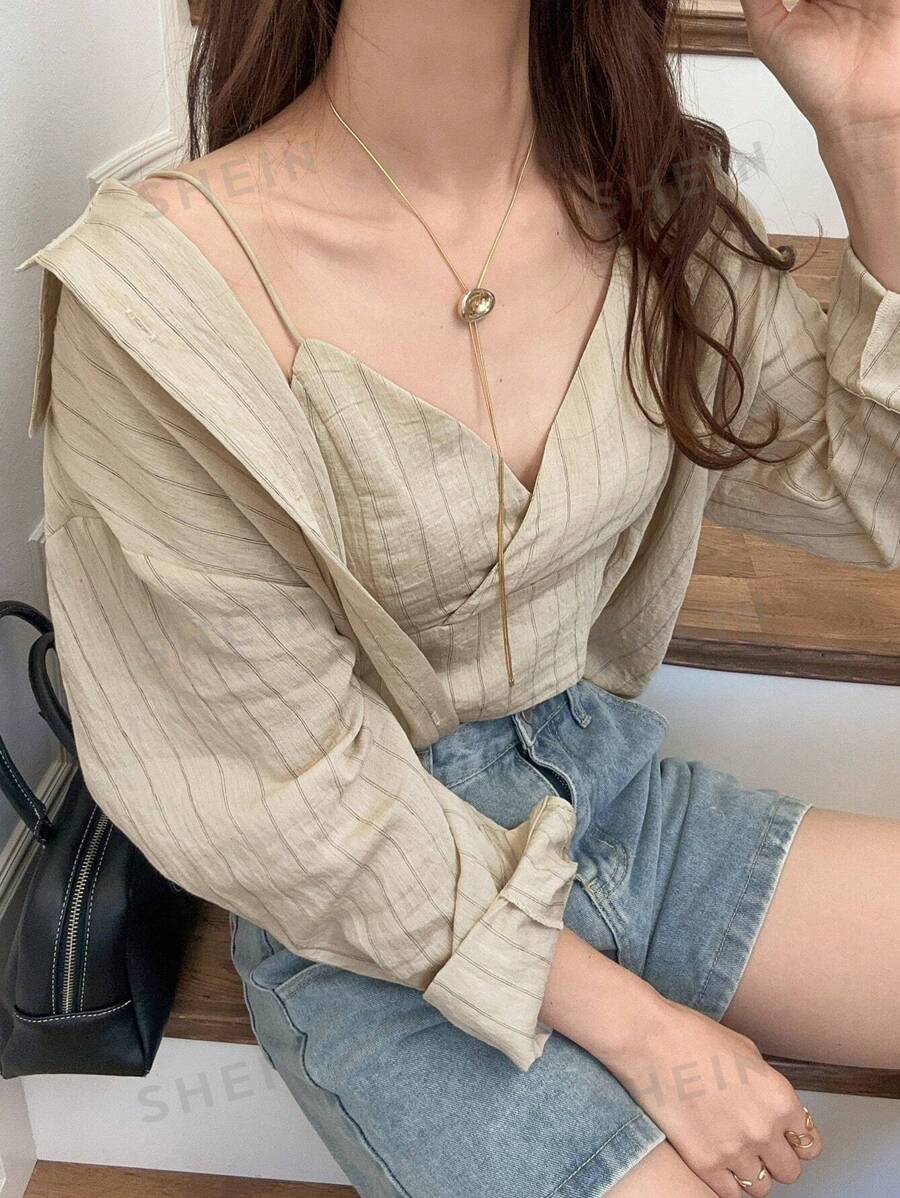 FRIFUL Conjunto de 2 piezas: Top tipo camiseta holgado casual y camisa a rayas de lino para mujer