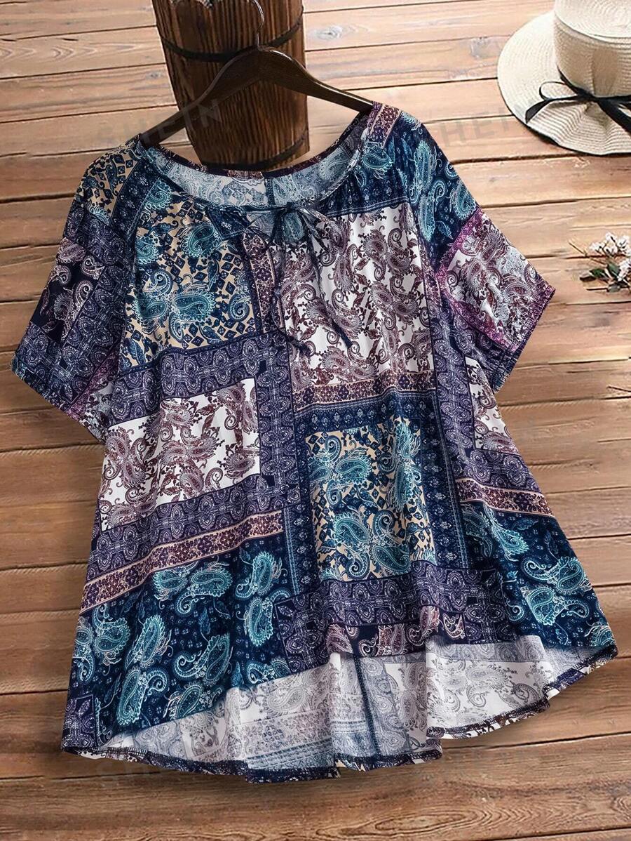EMERY ROSE Blusa holgada de manga corta de talla grande, atuendos casuales y de moda sencilla para uso diario, atuendos de vacaciones, vestimenta occidental para mujer, atuendos country para mujer, atuendos country de primavera para mujer, atuendos de verano para mujer, ropa de estilo bohemio para mujer