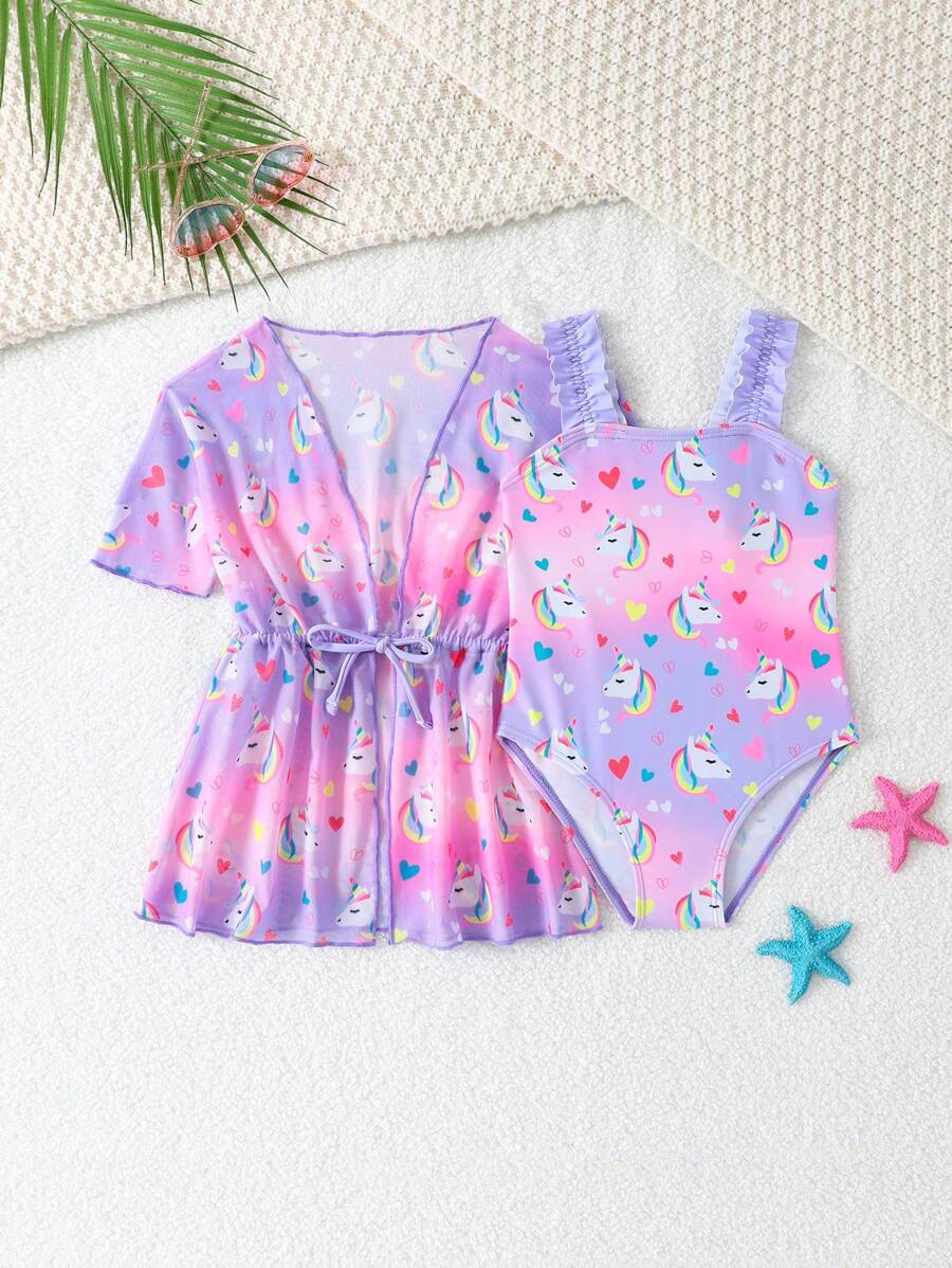 Babymeisje Ombre Eenhoorn Print Eendelig Badpak Met Cover-Up