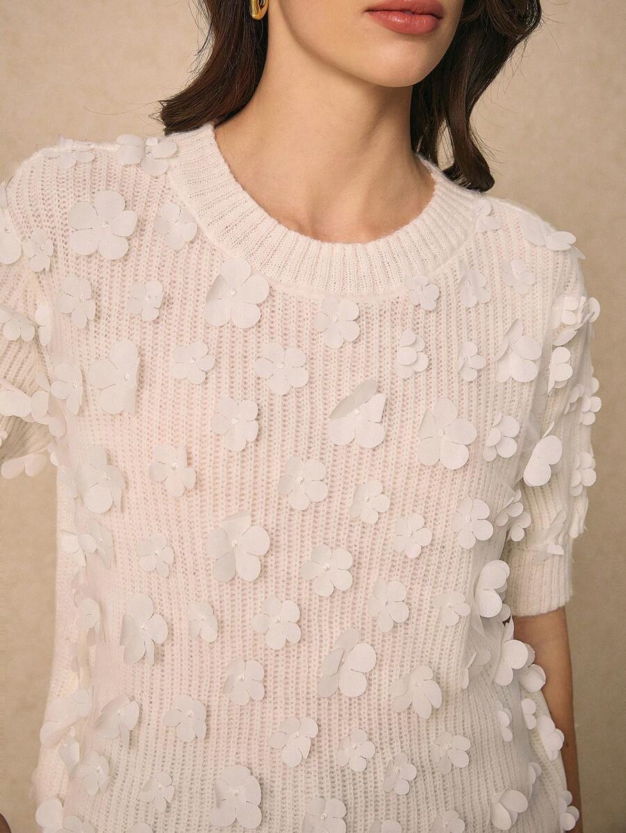 Poéselle White Short-Sleeved Sweater, Three-Dimensional Flower Sweater, Spring And Summer Sweater,Valentine's Day Sweater,Cute Tops,Women Embellished Round Neck Short Sleeve Sweater, Suitable For Everyday, Street, Date And Other Occasions To Wear