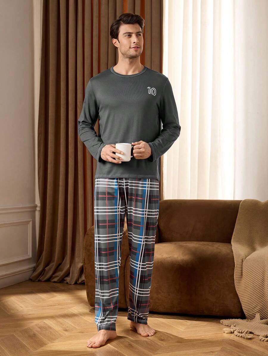 Shein Underwear&Sleepwear Basics Conjunto de 2 piezas de ropa de descanso para hombre, top de manga larga y pantalones