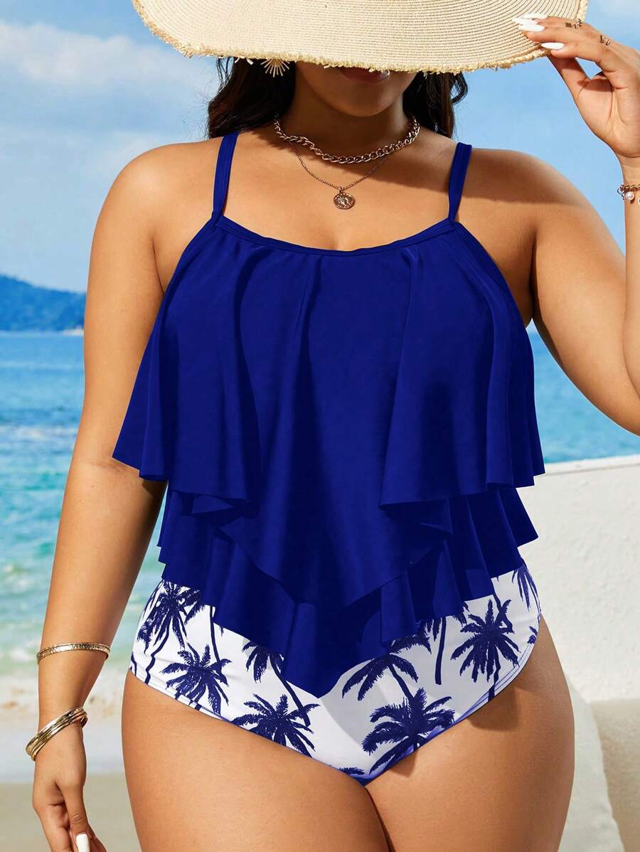 Swim Lushoire 2 pièces/set Femmes grandes tailles Maillot de bain de tankini à volants avec imprimé floral et bretelles spaghetti, pour l'été