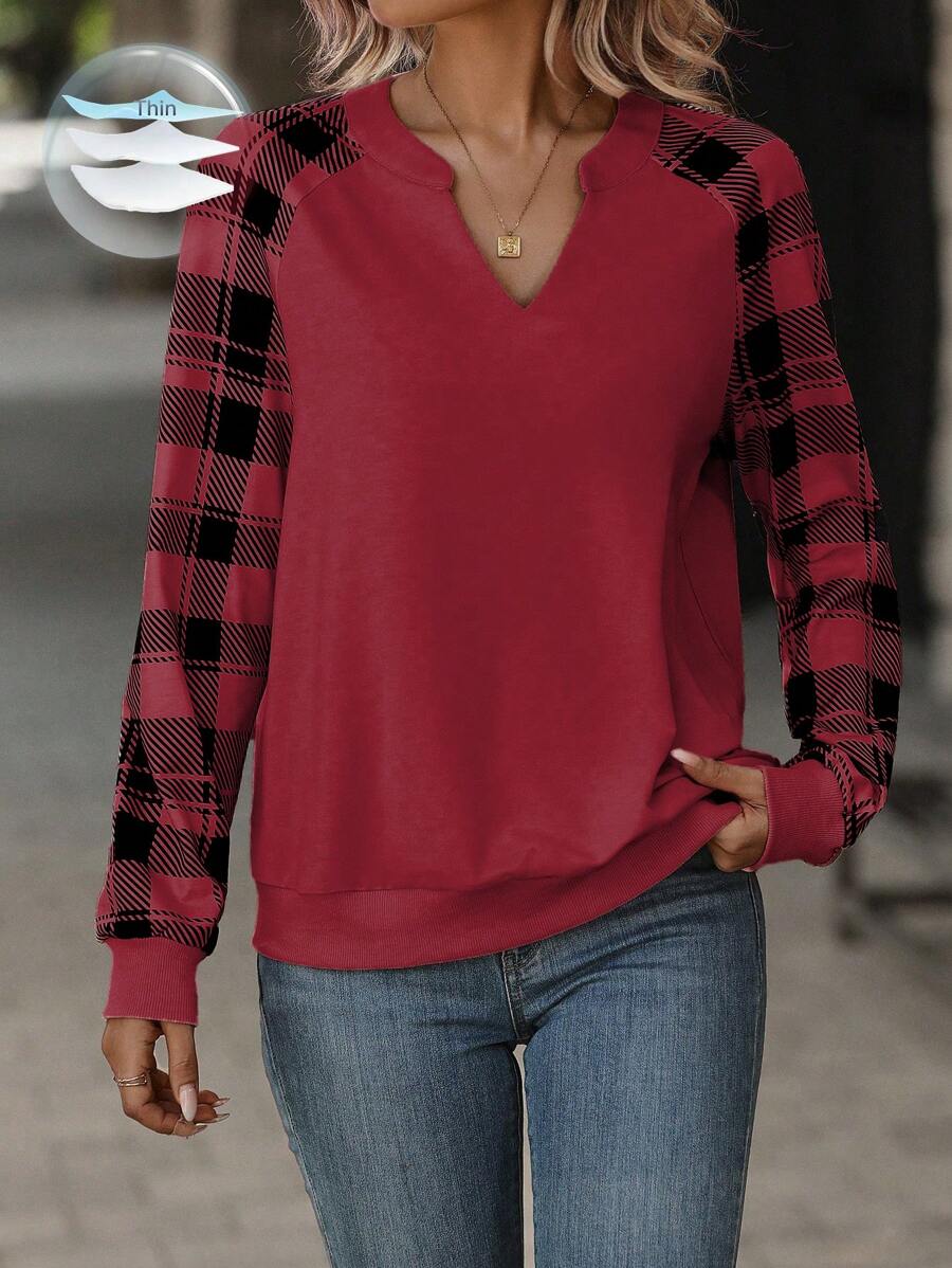 EMERY ROSE Women Casual Plaid Patchwork Raglan Sleeve Crew Neck Sweatshirt