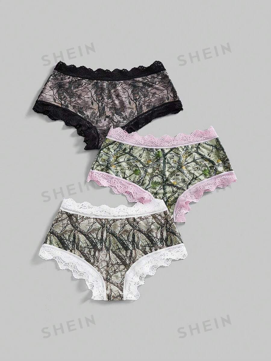 ROMWE Grunge Punk Set de 3 bragas de bikini con estampado de rama y corteza de árbol, estilo punk Y2K con adorno de encaje