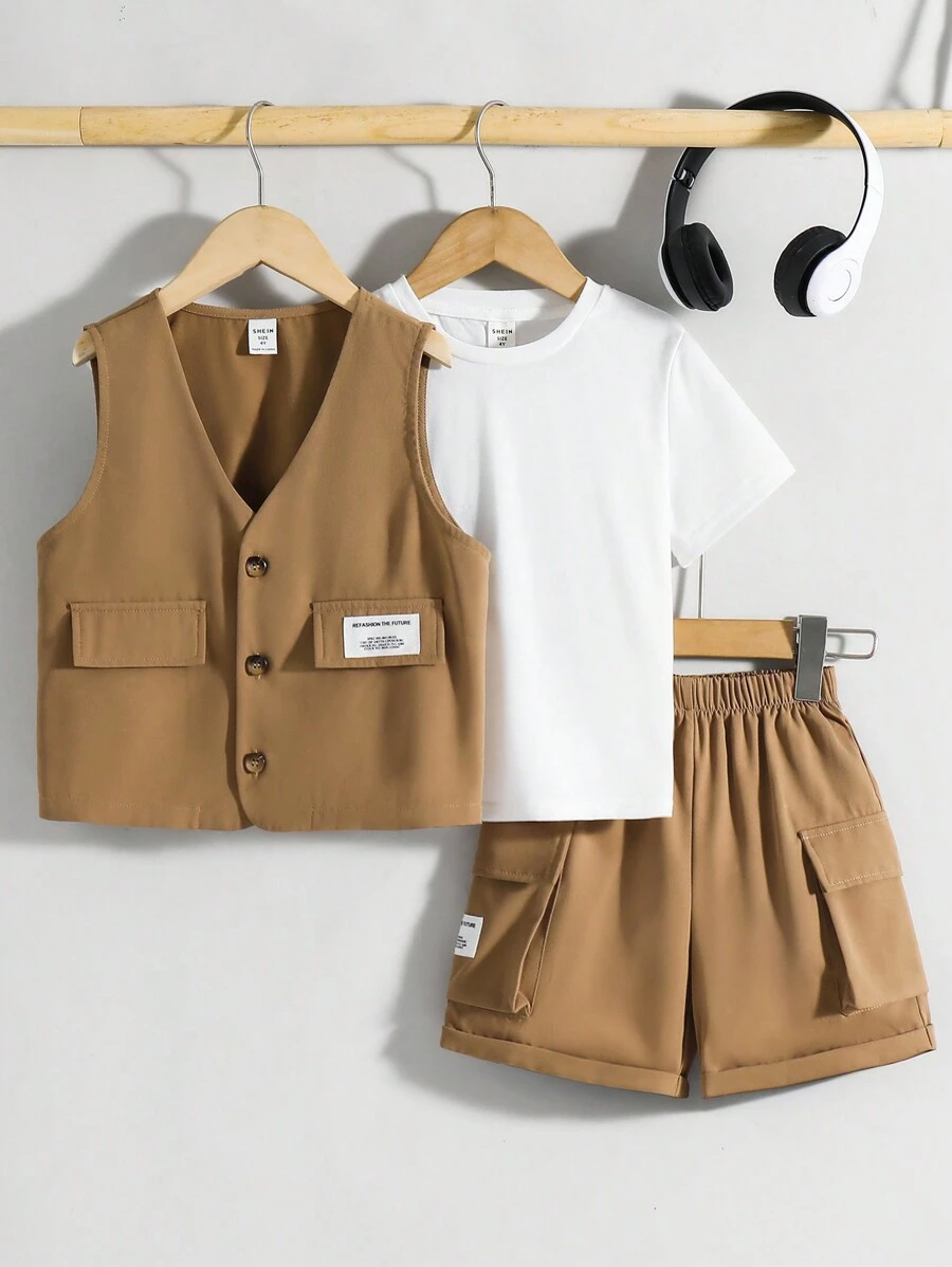 SHEIN 1 Set Of 3 Tween Boy Street Casual Workwear Pocket Vest, T-Shirt And Shorts, Suitable For Commuting, School, Casual Daily, Sports, Spring & Summer