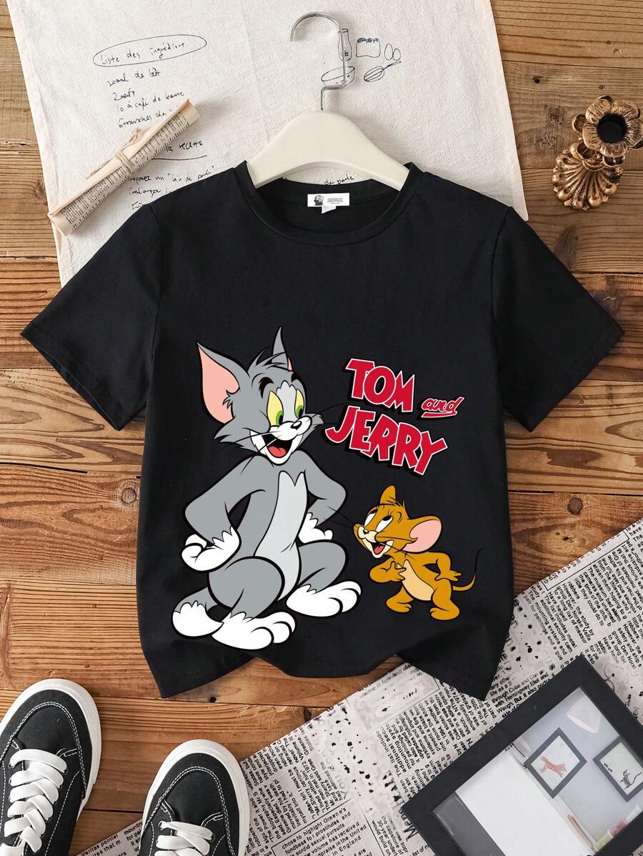 TOM & JERRY X SHEIN Tween Girl Summer Cartoon Cat Print Short Sleeve T-Shirt