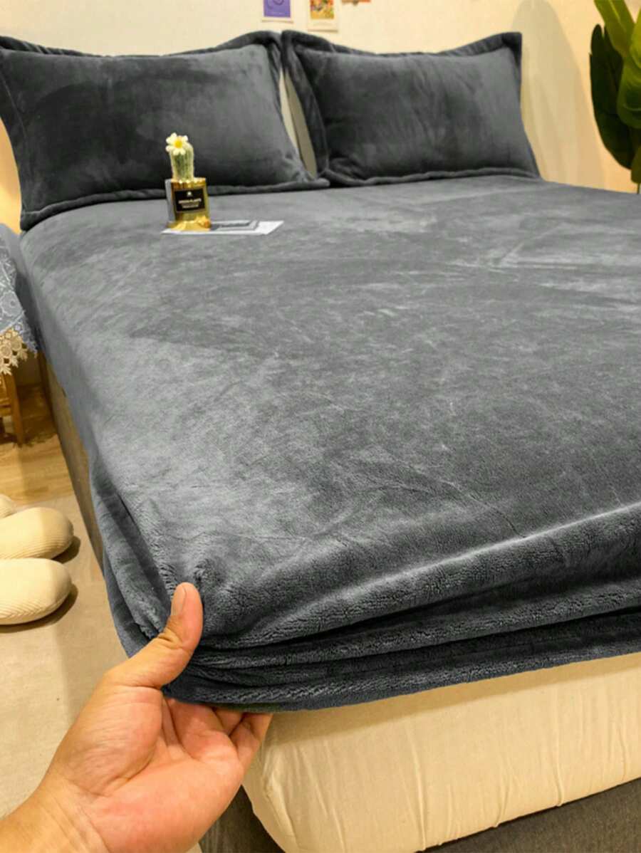 3 pièces Drap-housse en velours cristal gris charbon avec passepoil et 2 pièces taies d'oreiller, lavable en machine