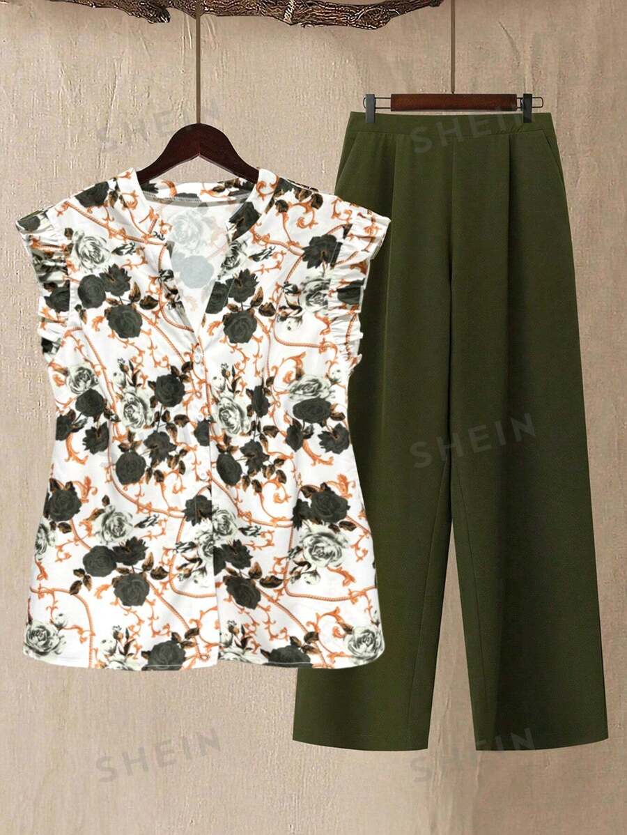 SHEIN LUNE Conjunto de 2 piezas de tallas grandes para mujer, con blusa holgada de manga corta con estampado floral vintage y pantalones rectos y sencillos, conjunto casual para primavera/verano