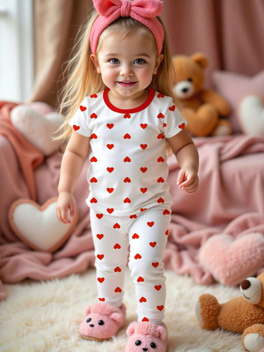 SHEIN Conjunto de 2 piezas de pijama informal para niña con estampado de lunares, corazones y diseños de dibujos animados, de manga corta, apropiado para primavera/verano