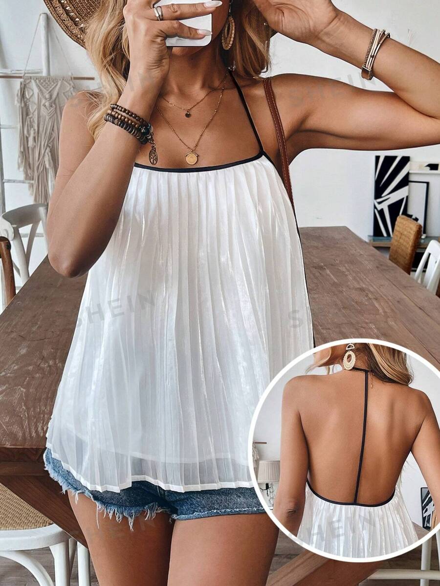 Calvaya Parte superior de camisola holgada con pliegues y ribete de contraste para mujer en verano