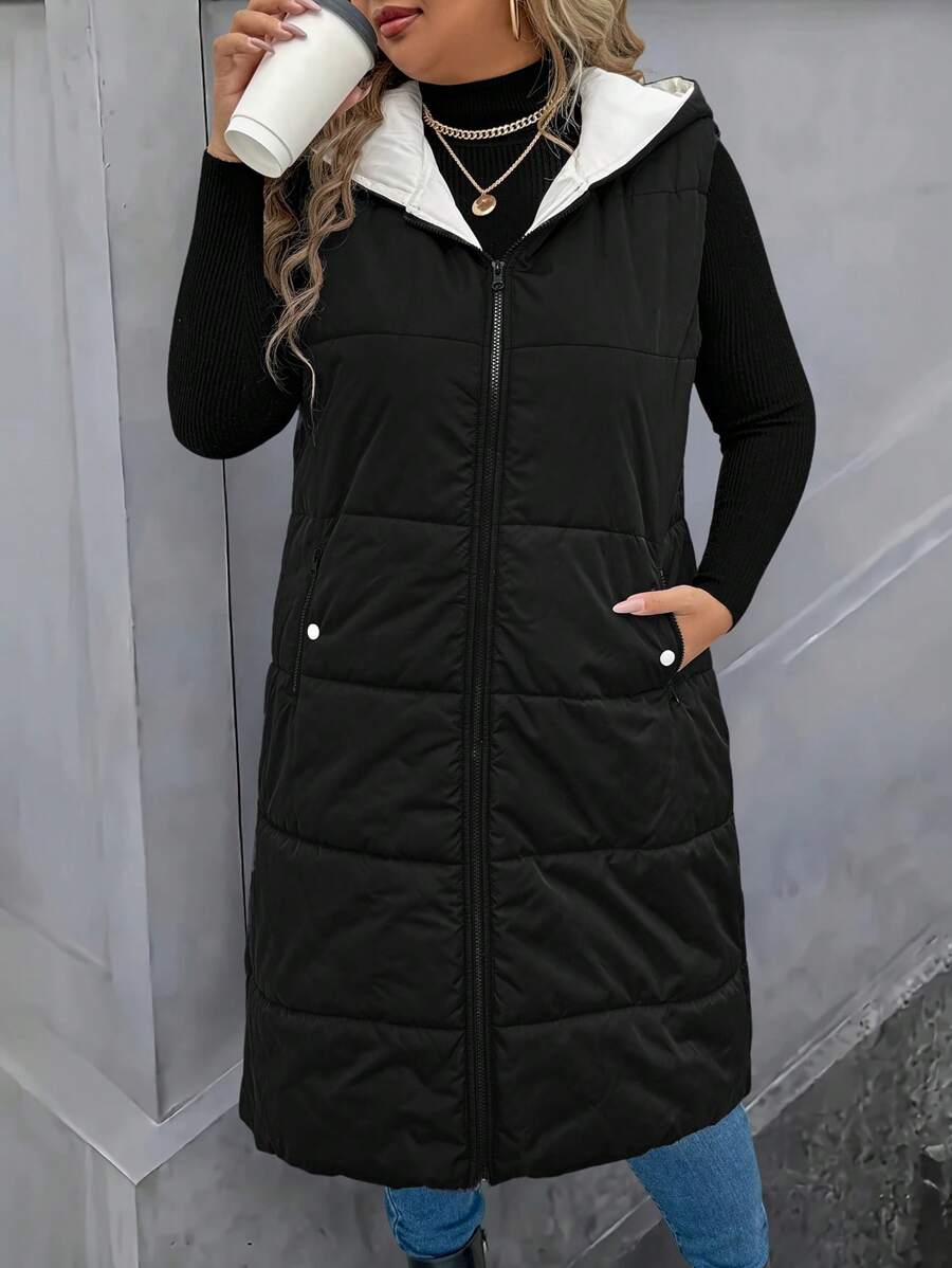 EMERY ROSE Casual Hooded Zipper Padded Coat, Long Length
