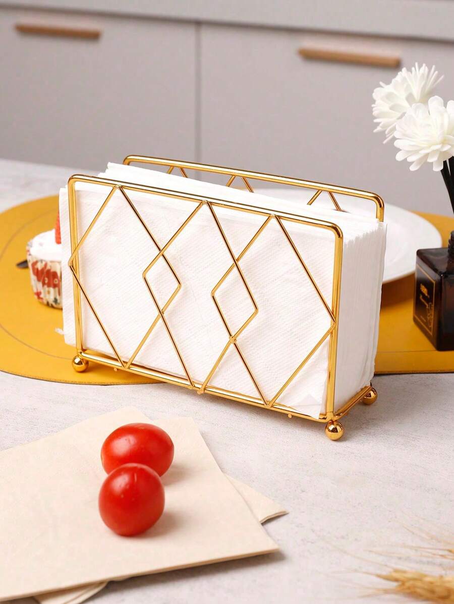 1pc Modern Minimalist Style Gold Iron Square Standing Tissue Holder, Iron Wire Desktop Standing Napkin Holder, Convenient , Suitable For Daily Restaurant Hotel Tabletop Tissue Storage Valentine's Day, Valentines Wedding, Birthday