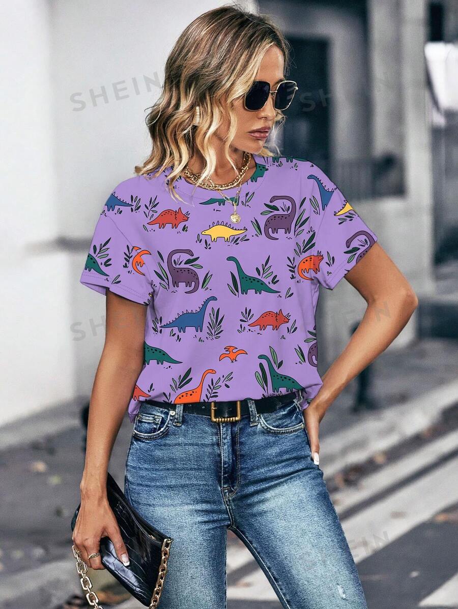 INAWLY Camiseta de mujer de manga corta de cuello redondo con estampado de dinosaurio de dibujos animados para verano, blusas gráficas casuales para mujeres