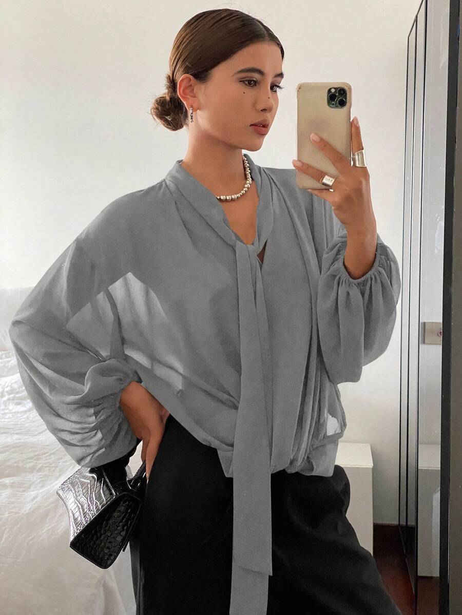 DAZY Solid Color Loose Long Sleeve Tied Chiffon Blouse, Women Spring/Summer Holiday Shirt,Fall Clothes