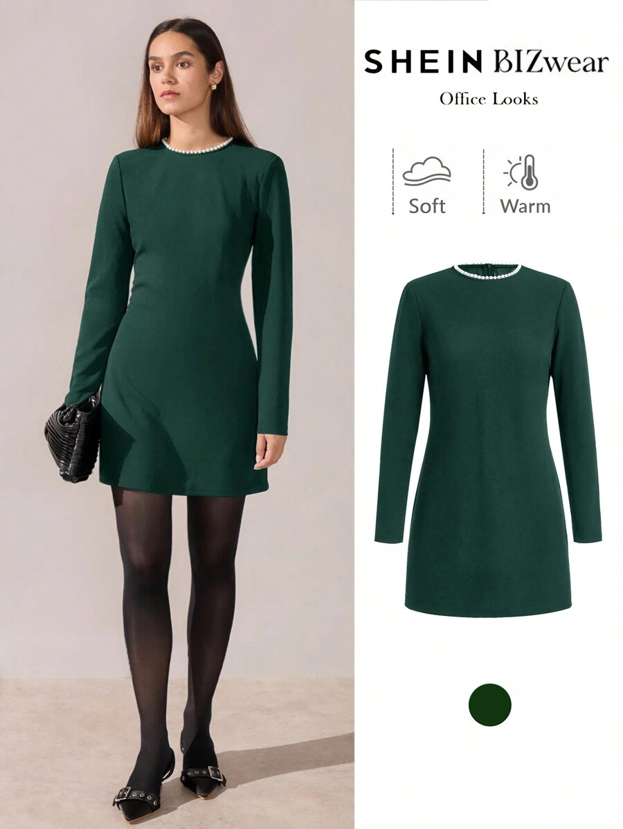 BizChic 2025 Summer New Arrival Emerald Green Round Neck Pearl Decor Long Sleeve Ladies Dress, Elegant Business Casual Everyday Wear, Suitable For Wedding Guest, Beach Vacation, 90s Retro Stockholm Style, 4th Of July