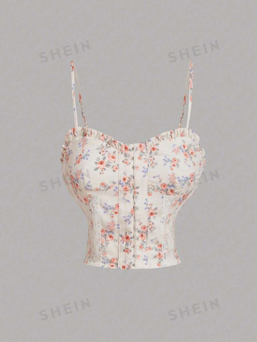 SHEIN MOD Top de tirantes lindo con parte delantera de encaje con estampado floral minimalista en contraste, top de verano, top de mujer con estilo retro, ropa hawaiana de mujer, top romántico, top de estilo pastoril