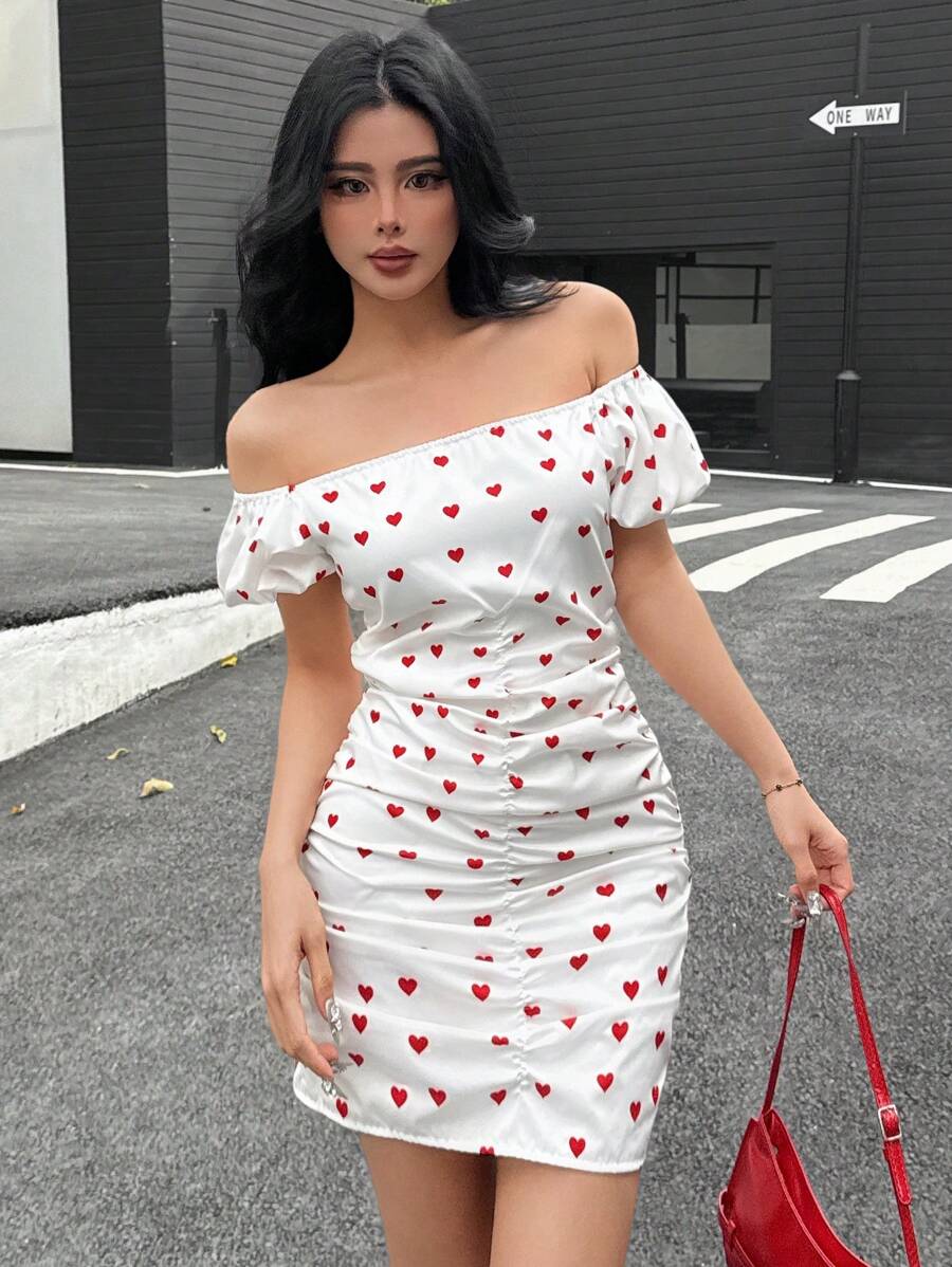 SHEIN Teen Girls Off Shoulder Heart Ruched Waist Puff Sleeve Dress, Suitable For Teen Girls, Casual, Office, Party Wear, Summer Valentine's Day