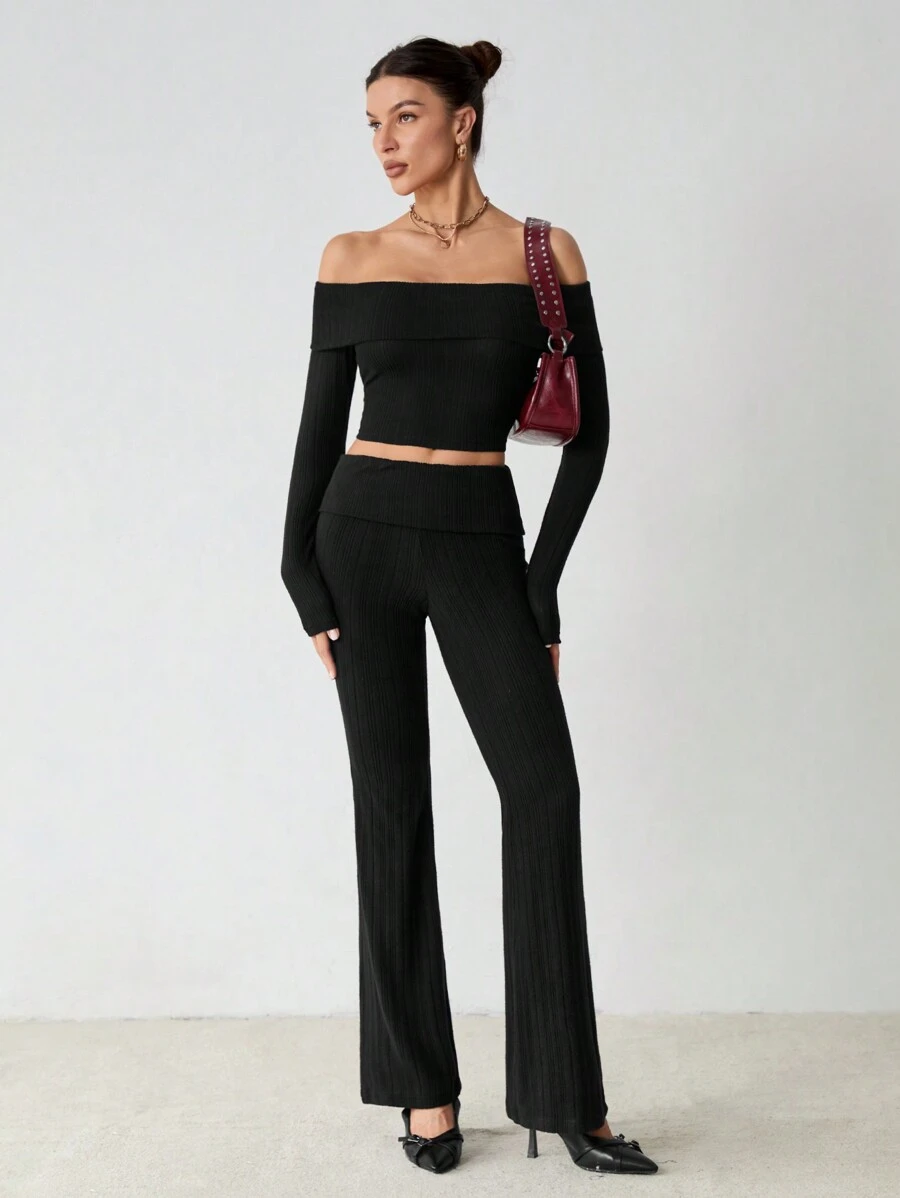 SHEIN Tall 2 pièces Ensemble mode femme avec top court à manches longues et épaules dénudées et pantalon évasé