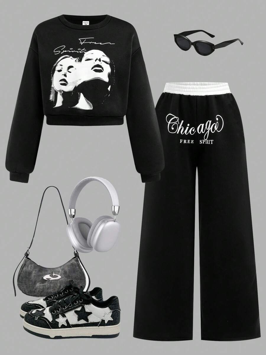 SHEIN 2 peças/conjunto adolescentes meninas moletom gráfico solto e calças de perna larga com bloqueio de cores terno casual