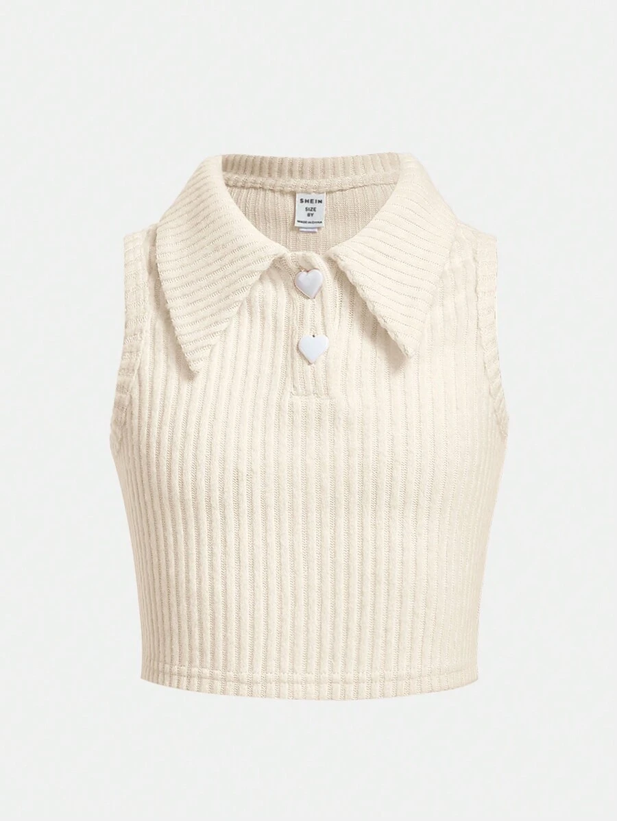 SHEIN Girlism Blusa sin mangas de punto acanalado con cuello elegante y botón en forma de corazón para niñas preadolescentes