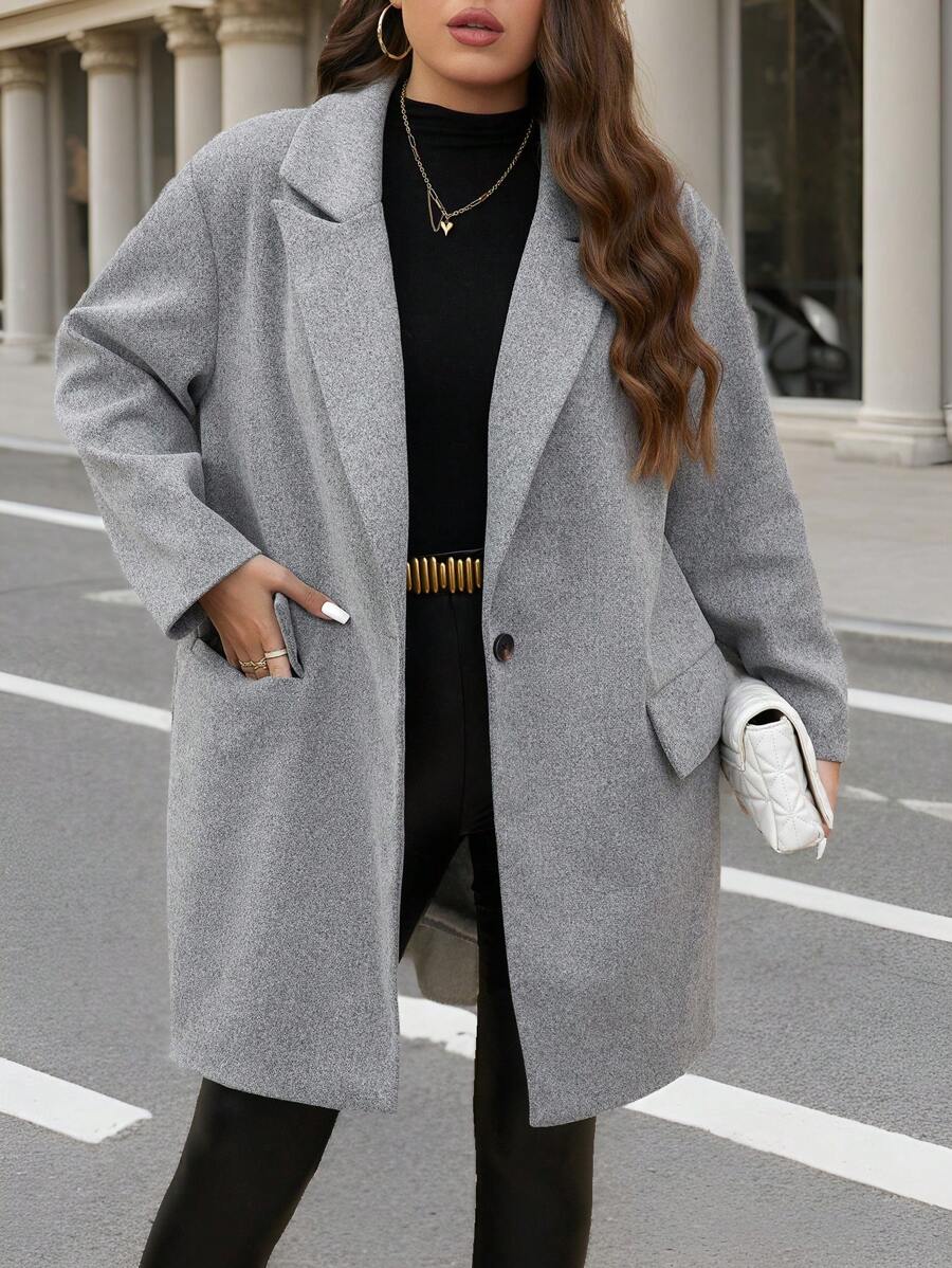 SHEIN Clasi Plus Size Long Gray Knitted Coat, Elegant Office Formal Wear, For Winter