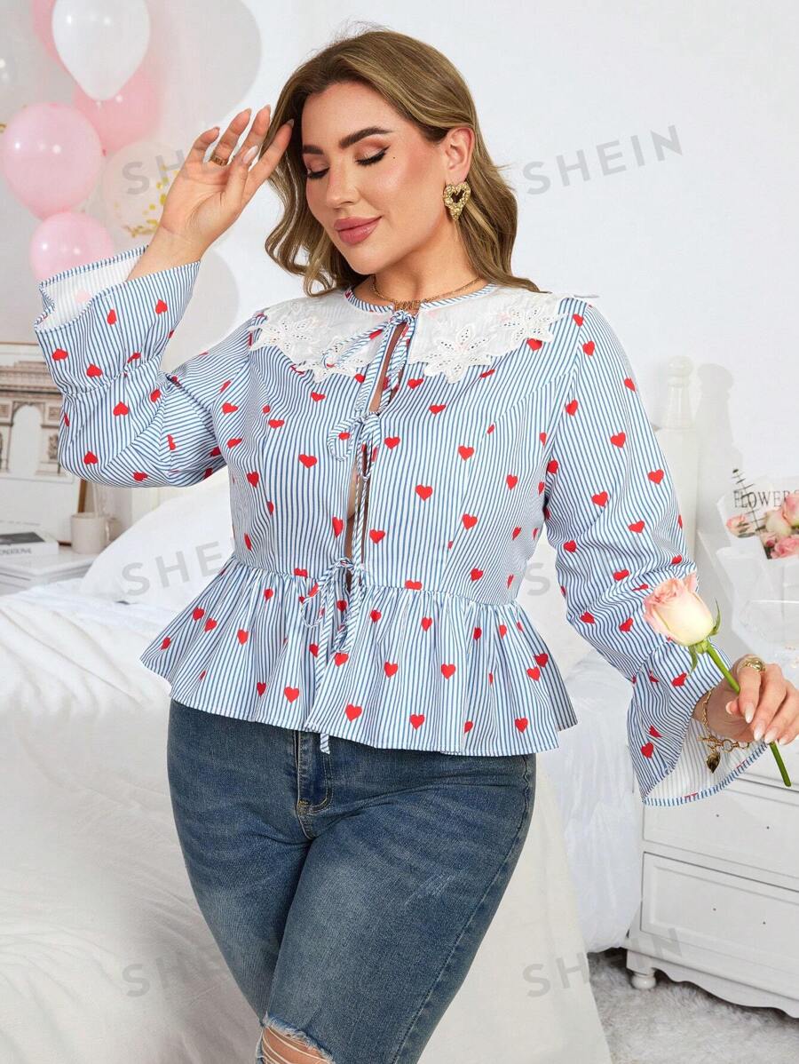 Franclia Blusa de mujer talla grande con cuello de encaje, lazo frontal y volantes con estampado de corazones para el Día de San Valentín