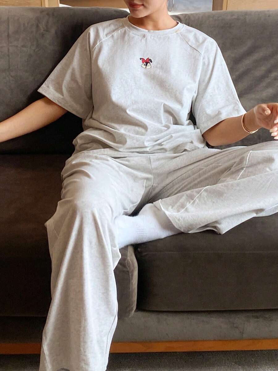 DAZY Conjunto de pijama holgado con estampado de dibujos animados lindos y mangas tipo raglan, ropa de estar en casa casual