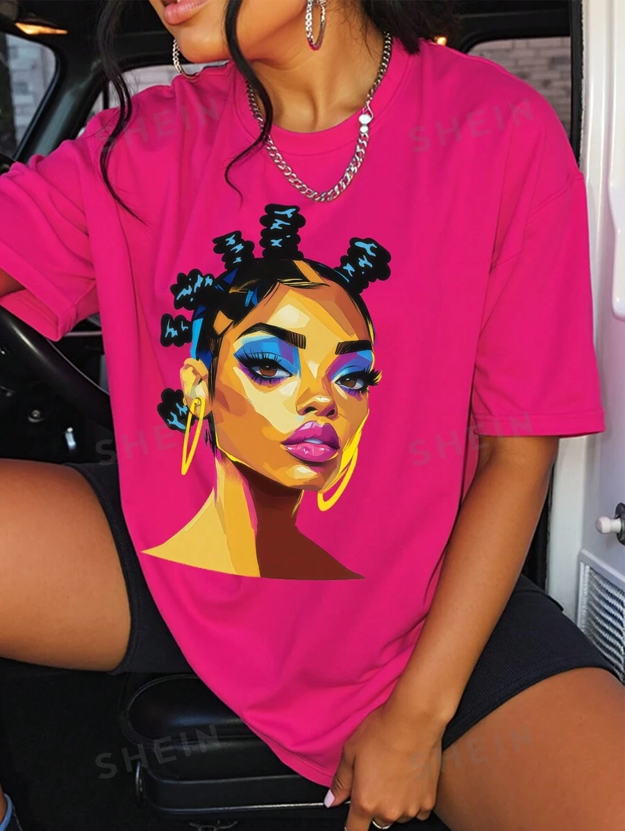 Camiseta de manga corta de corte holgado con estampado gráfico de retrato de estilo casual callejera para mujer